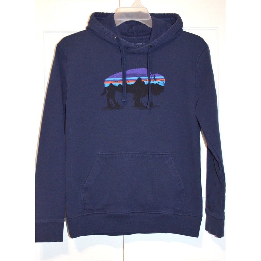Patagonia Navy Blue Uprisal‎ Hoodie Size M Buffalo Bison Graphic Pullover